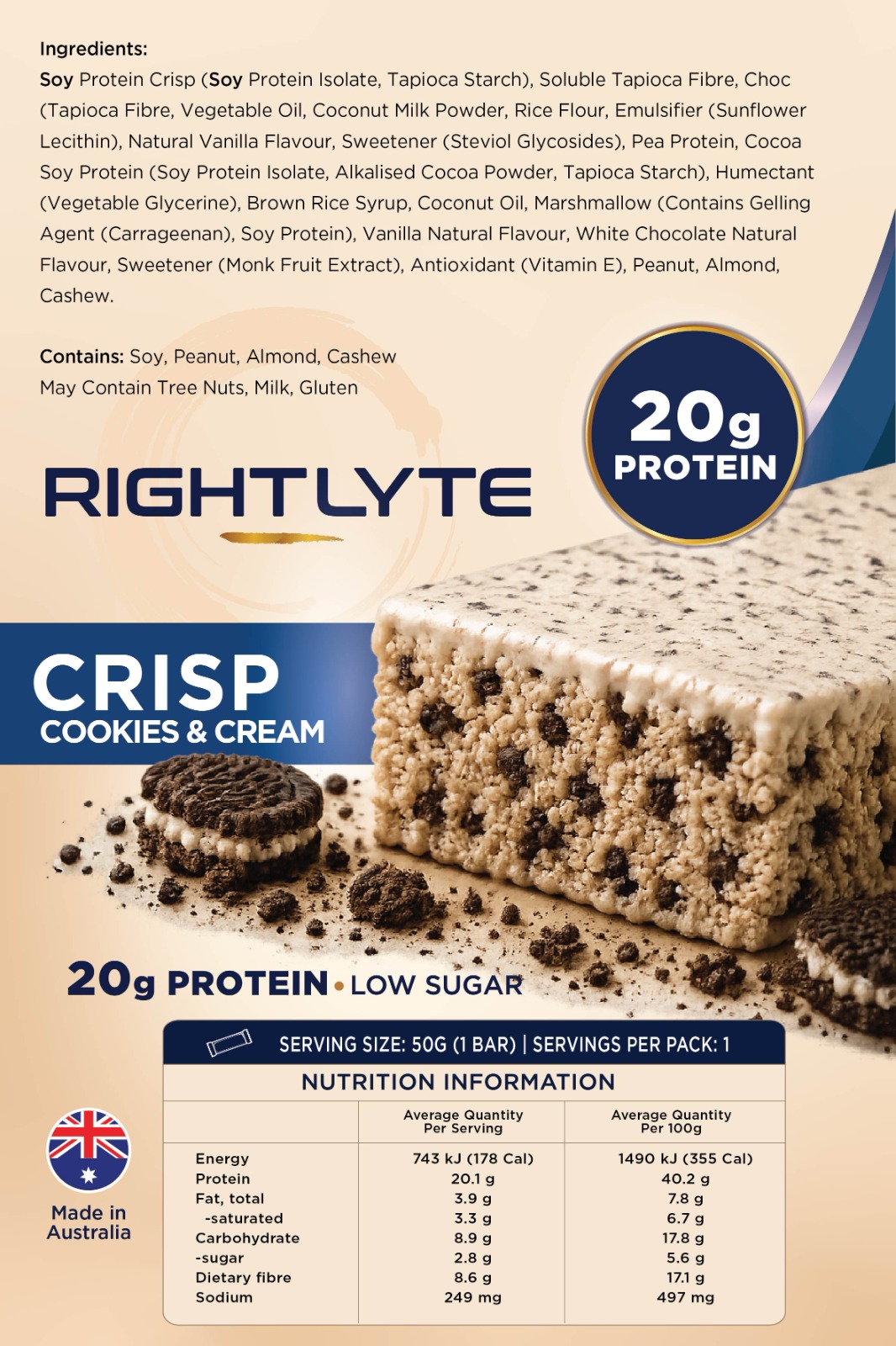 Rightlyte Crisp Bar Cookies & Cream Detail